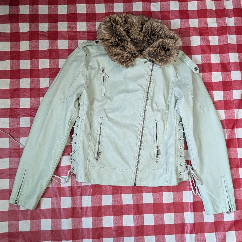 Mint Green Jacket with Faux Fur Collar